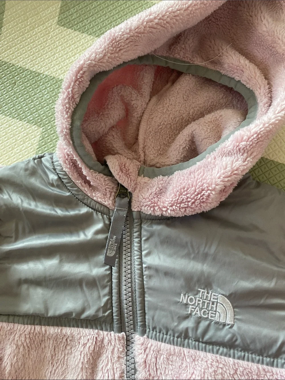 The North Face Kids Plush Hooded One-Piece in Light Mauve with Gray Chest